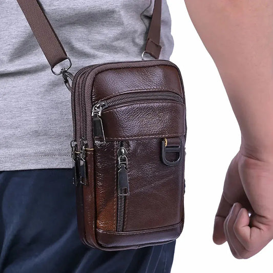 Men's Premium Waterproof Leather Crossbody Sling Bag - Lightweight Retro Fanny Pack for Travel and Outdoor Use