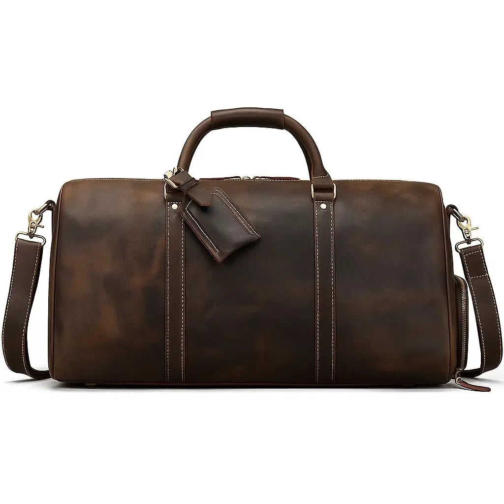 Sac week-end en cuir marron foncé souple, spacieux et raffiné, idéal pour voyager avec style