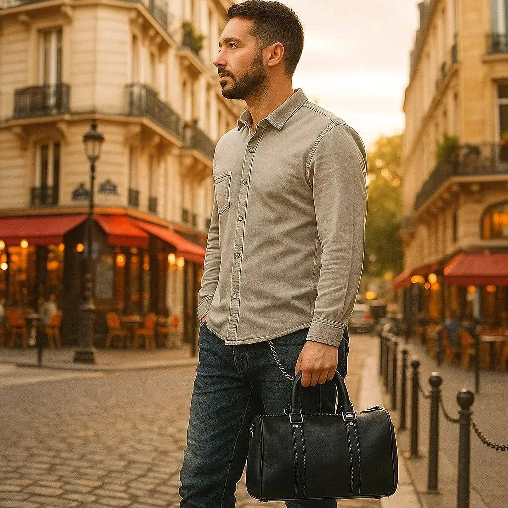 Grand sac de voyage en cuir noir pour homme, pratique et raffiné pour tous les séjours