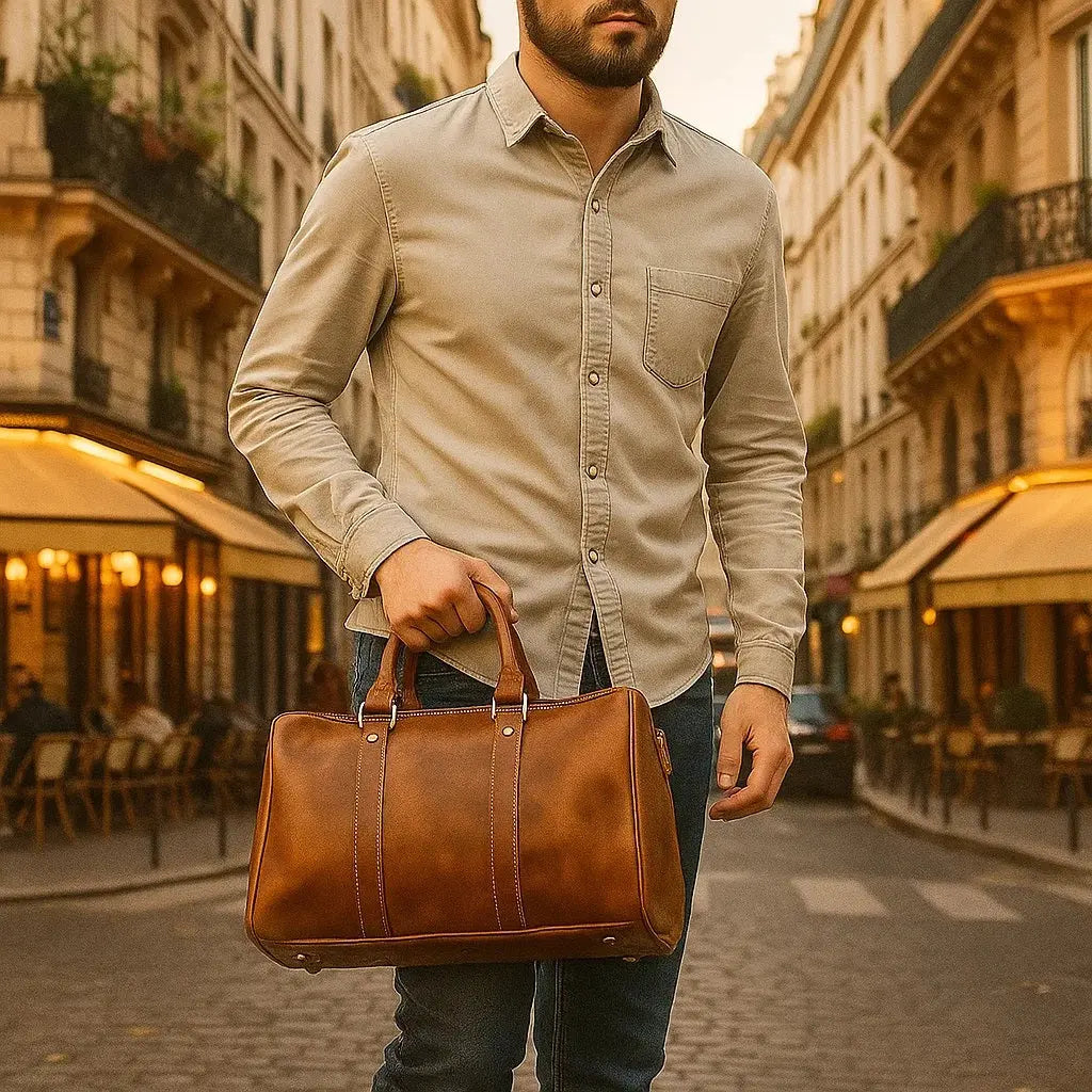 Sac de voyage en cuir marron élégant et robuste, idéal pour les escapades de week-end