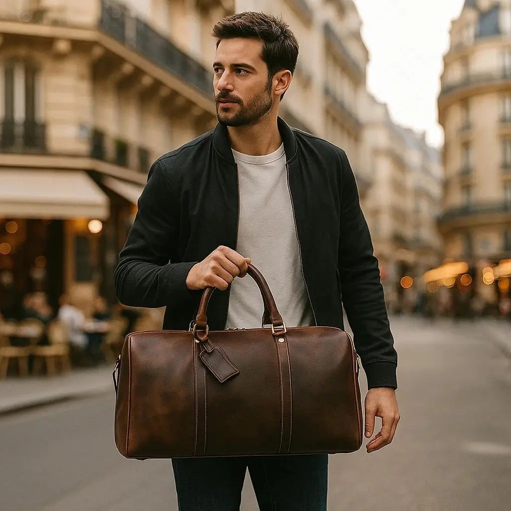 Grand sac de voyage en cuir noir avec finitions soignées et parfait 
