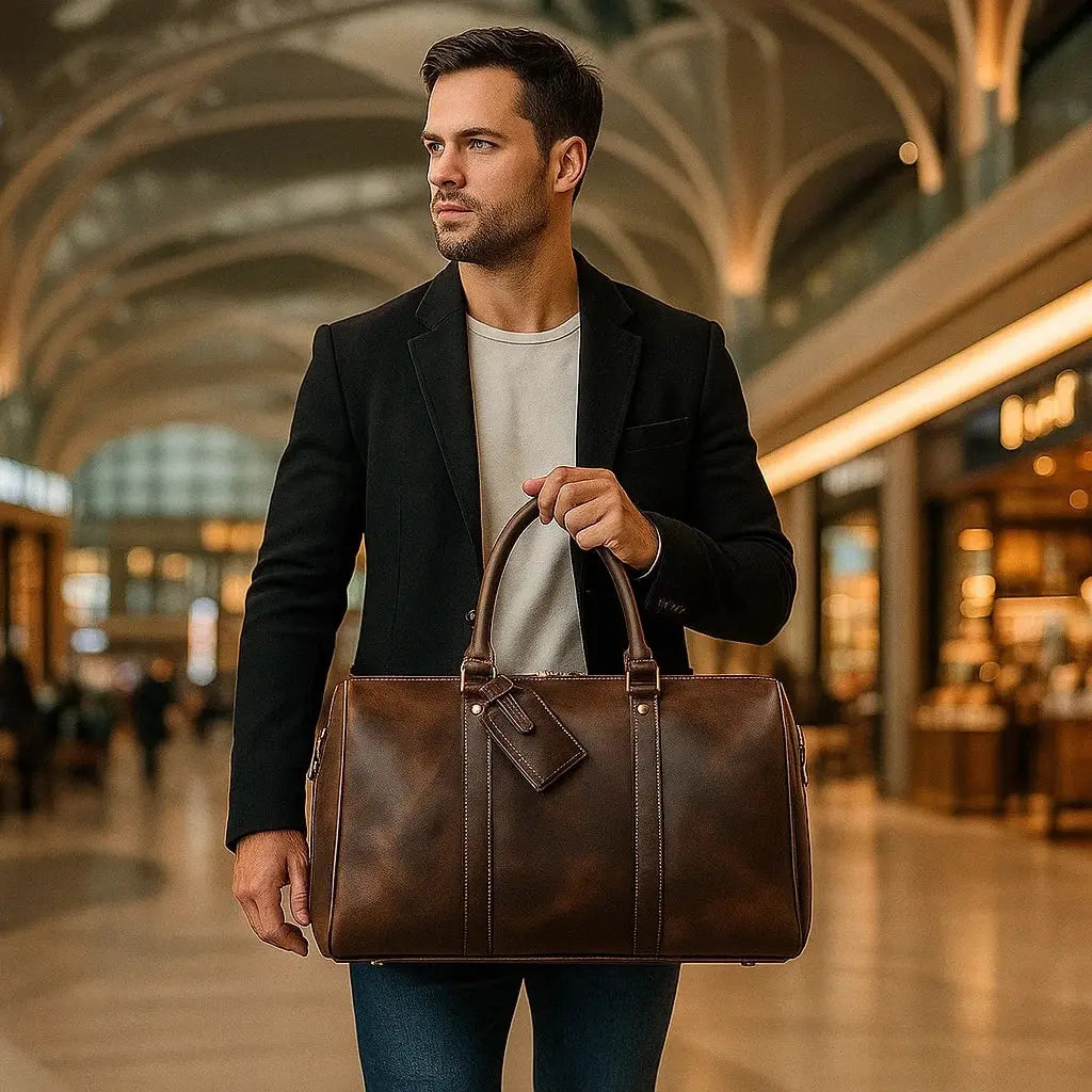 Grand sac week-end en cuir véritable, style vintage avec bandoulière réglable